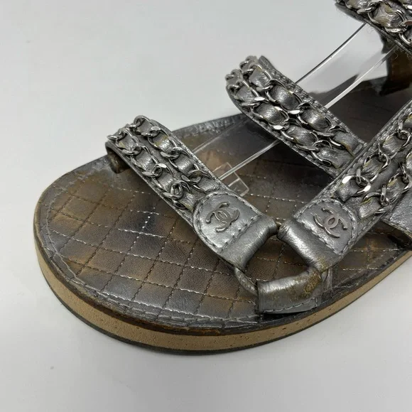 SOLD// Chanel Silver Metallic Chain Dad Sandals CC Logo Leather 40C 40 9 9.5 - Picture 10 of 14